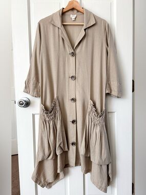 For Cynthia Linen Button Down Shirt Dress Ruffle Pockets Lagenlook Flax Size M